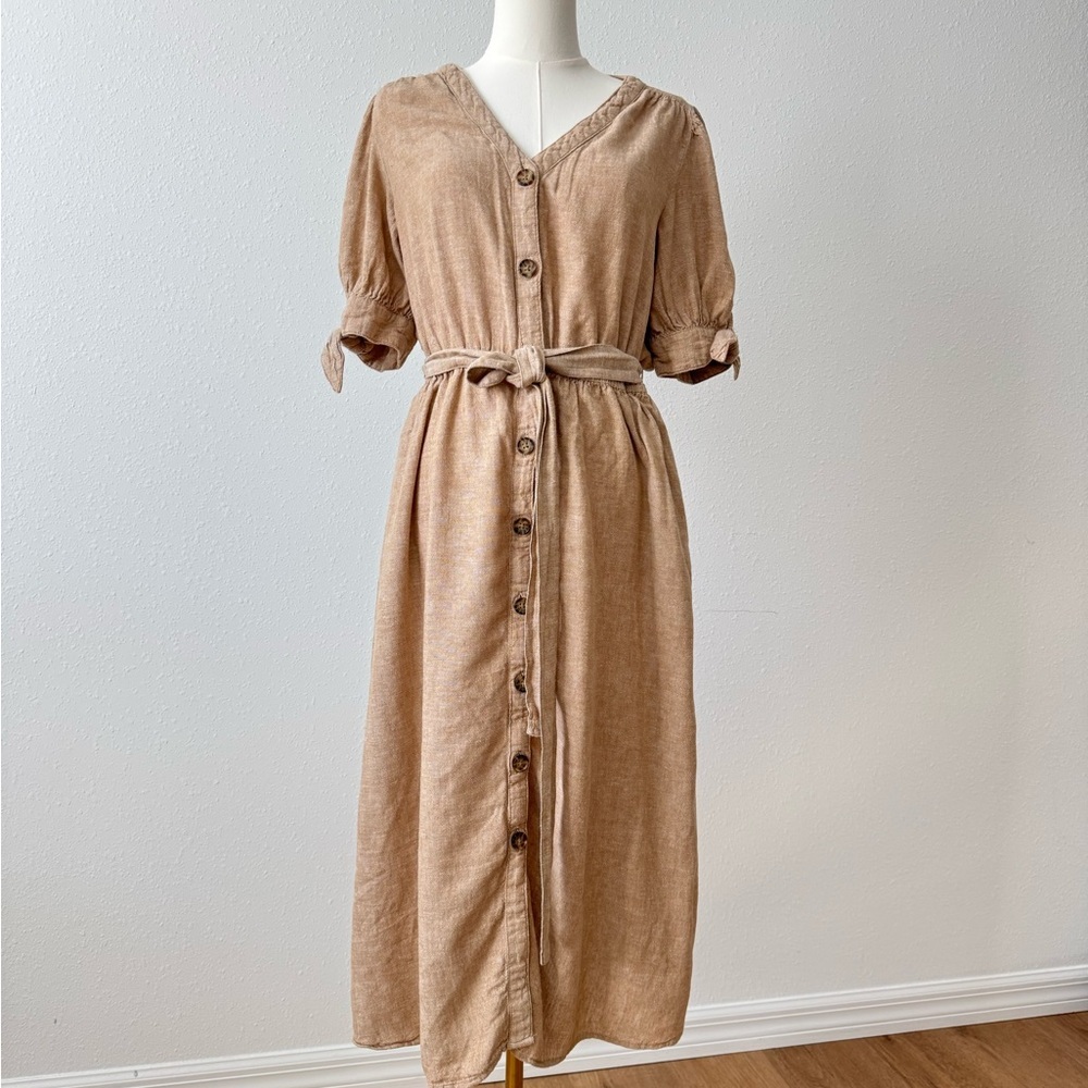 Linen Blend Button Safari Shift Front Midi Dress Tie Waist Beige M Time and Tru - Picture 4 of 10